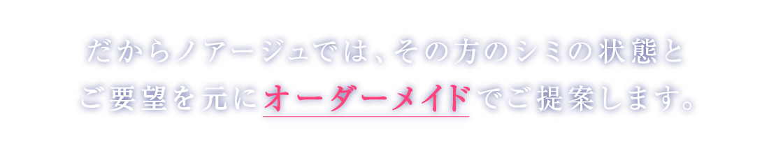 だからノアージュでは、その方のシミの状態とご要望を元にオーダーメイドでご提案します。