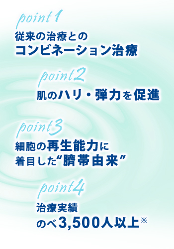 Point1 従来の治療との「コンビネーション治療」 Point2 肌のハリ・弾力を促進 Point3 細胞の再生能力に着目した「臍帯由来」 Point4 のべ3,500人以上※の治療実績